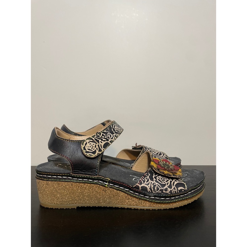 Spring Step L'Artiste Cuteness Floral Leather Wedge Sandals Black Multi Size 41